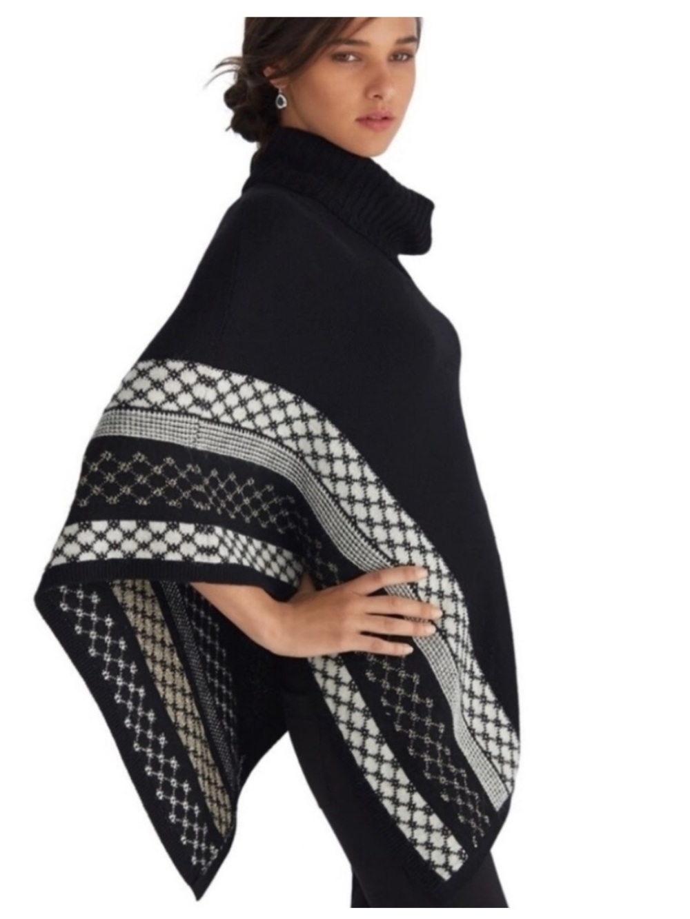 White House Black Market Black and White Turtleneck Poncho with Patterned Hem